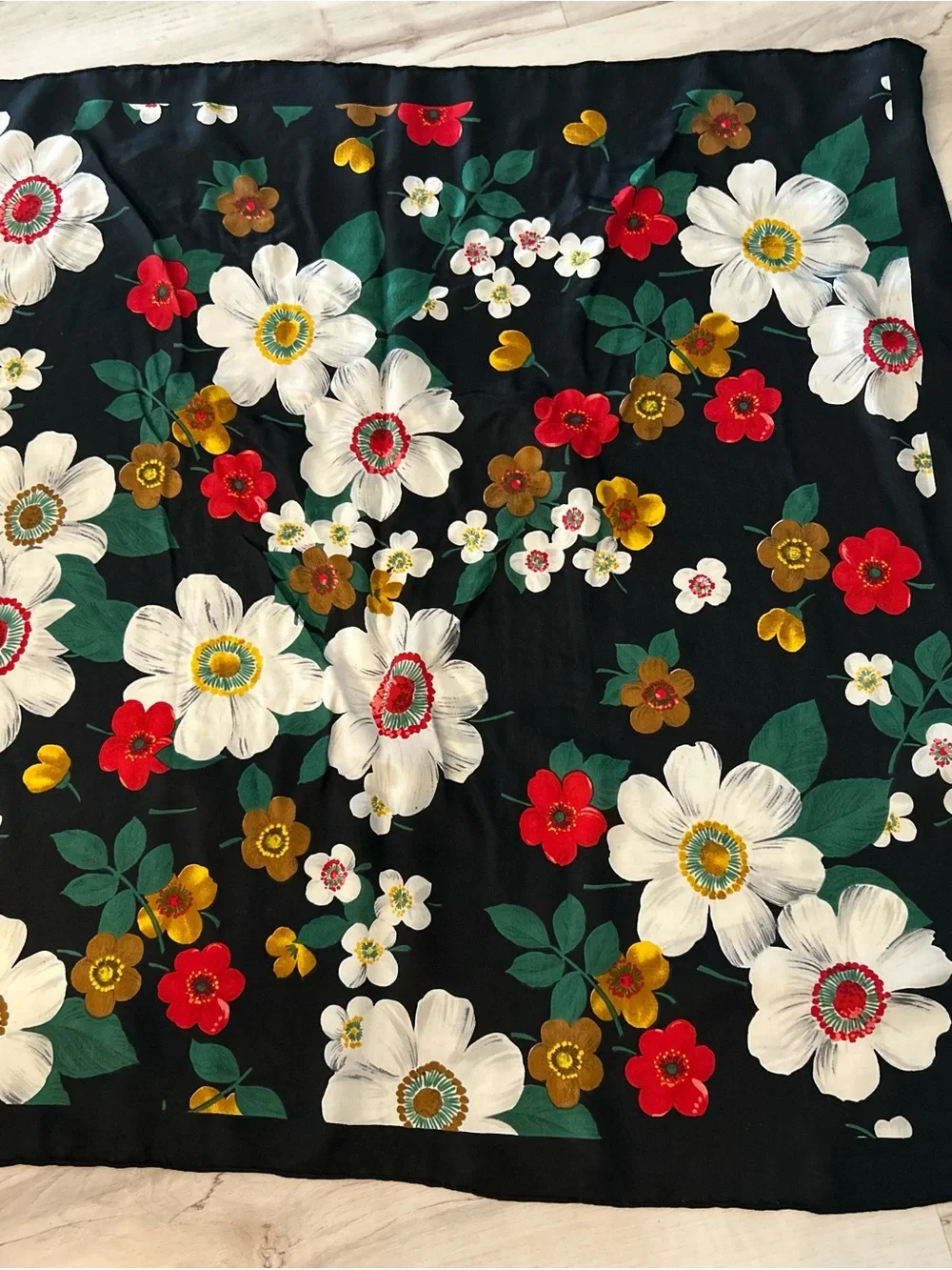 Sacha Floral Square Scarf Black White Red Green Vintage Polyester Made in Korea